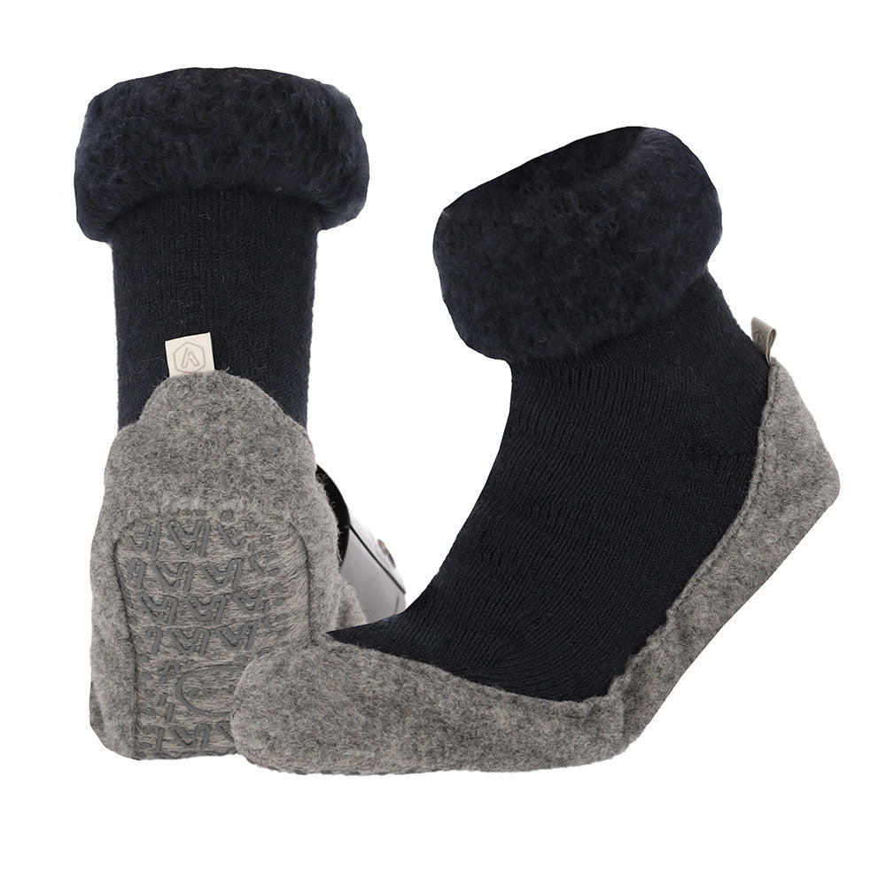 Donker blauwe wollen slof sokken met anti slip van wol