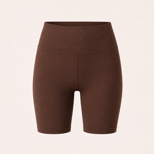 Bruine korte sportlegging voor yoga en pilates van Basset, Stevige kwaliteit korte legging met bijpassende top
