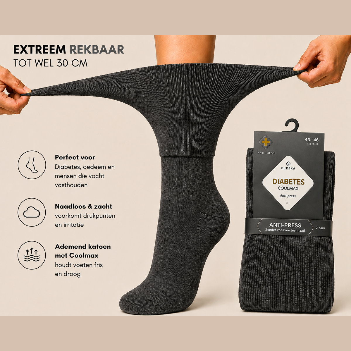donker grijze xtreem rekbare en soepele diabetessokken van Eureka, naadloze bedsokken van katoen