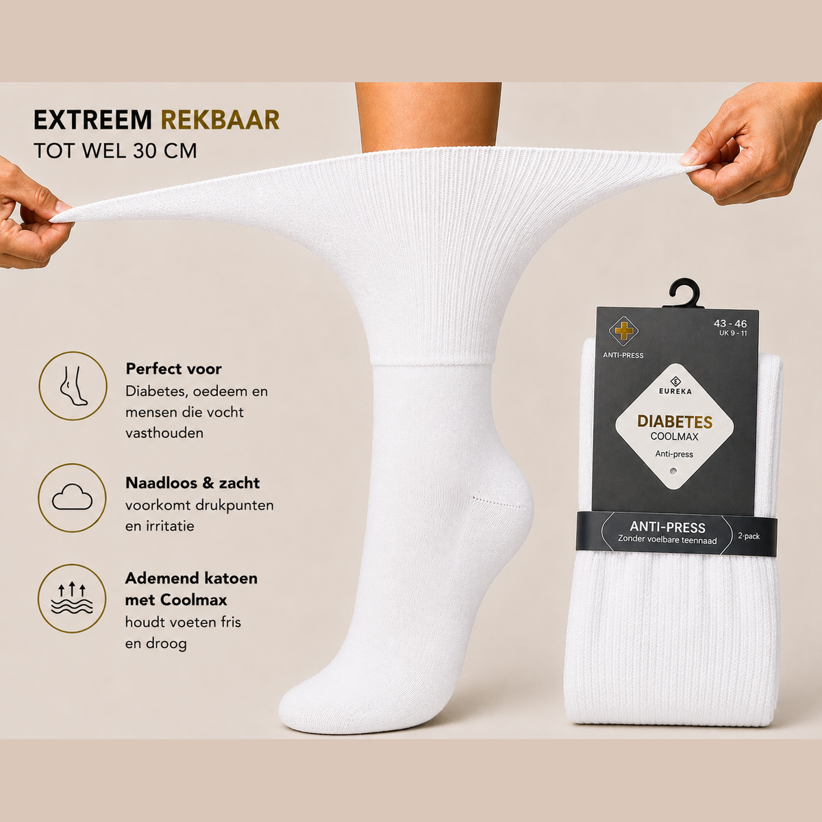 Witte extreem rekbare en soepele diabetessokken van Eureka, wijde sokken voor mensen met dikke benen