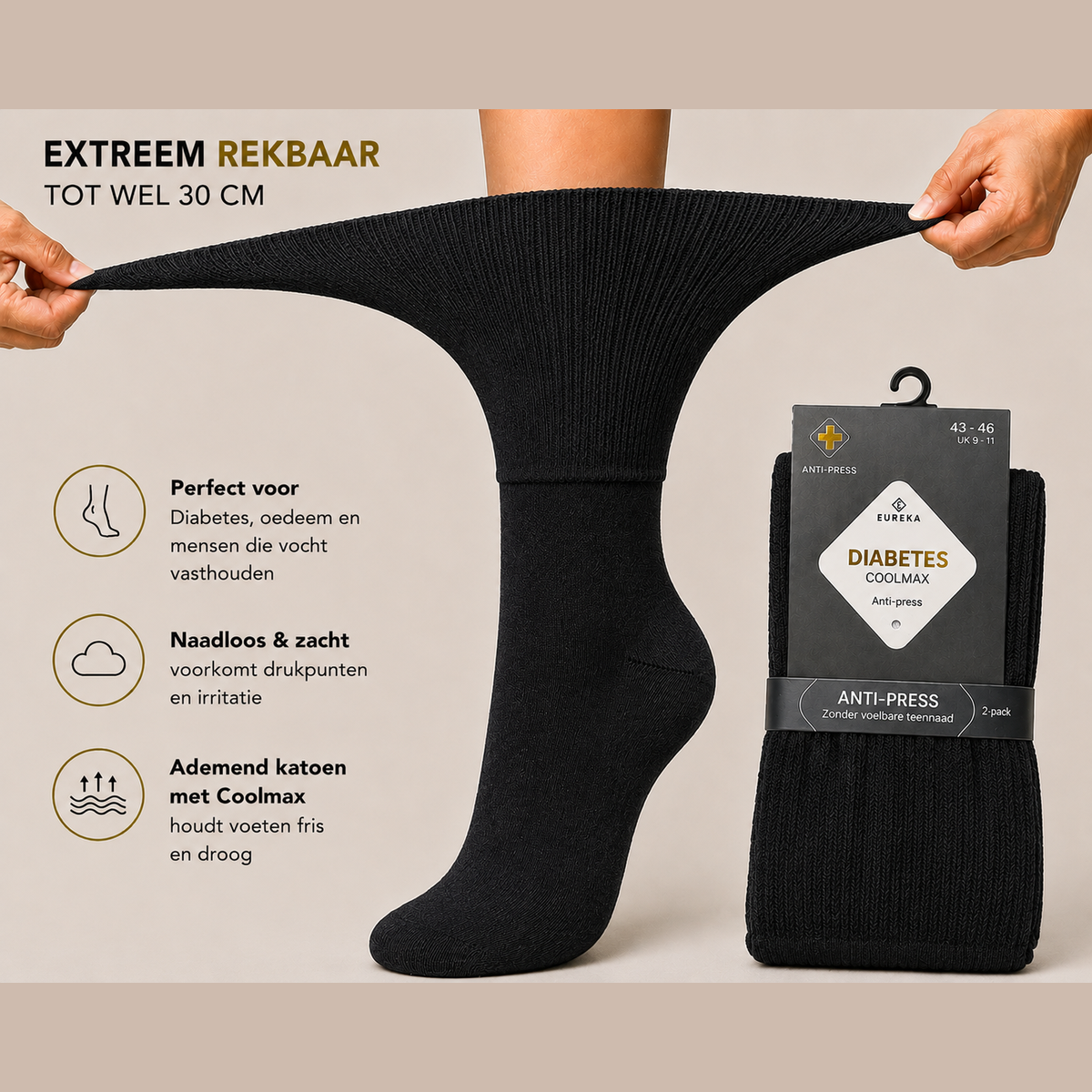 zwarte extreem rekbare en soepele diabetessokken van Eureka, sokken voor oedeem benen