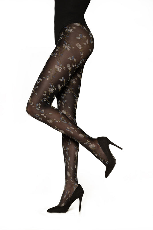 Bewerkte panty met blauwe bloemen van het merk Marcmarcs, blauwe fantasie panty met bloem motief