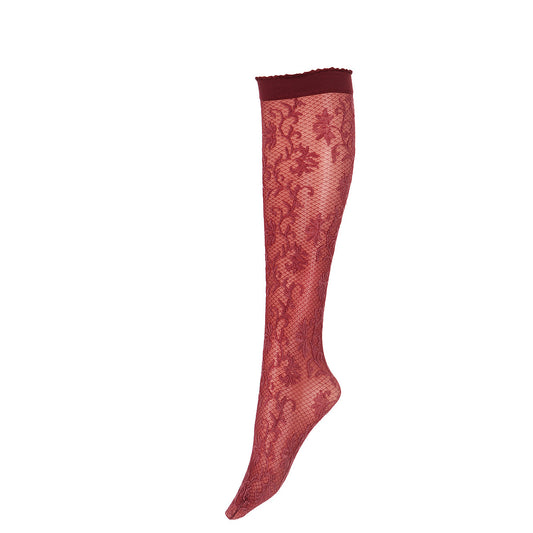 Bordo rode kanten panty kniekousen van het merk Marcmarcs, kanten kniekousen in verschillende kleuren